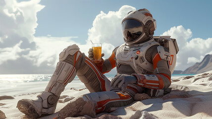Aufkleber - This astronaut sits on a sandy beach, sipping a drink under a bright sky with clouds.