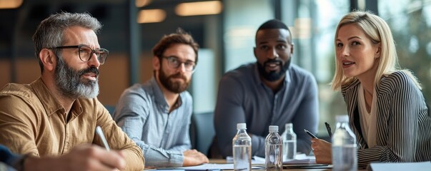 Poster - Diverse professionals engaged in a team discussion in a modern office setting