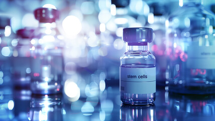 Poster - This Glass vials labeled stem cells are illuminated, showcasing their significance in research.
