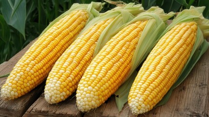 Poster - Ripe corn cobs ready for harvest in a vibrant agricultural field during the summer growing season