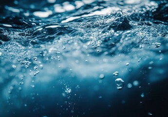 Poster - Bubbles Rising in Crystal Clear Underwater Scene Captured in Beautiful Dark Blue Tones with Light Reflections and Ripples for Nature and Aquatic Themes