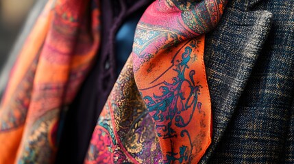 Aufkleber - Close-up of a colorful paisley patterned silk scarf. The intricate details and vibrant colors are highlighted. Luxury and expensive items. Intricate Paisley Pattern on a Vibrant Silk Scarf
