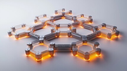 Poster - Futuristic blockchain network with interconnected glowing hexagonal nodes on a white background. The metallic and transparent structure symbolizes digital security, technology, and data connectivity.