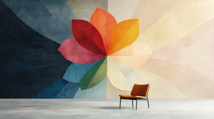 Poster - Abstract Wall Art with Colorful Geometric Flower Design & Modern Orange Chair