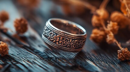 Poster - A close-up shot of an intricately designed silver ring resting on a rustic wooden surface. Luxury and expensive items. Ornate Silver Ring on Dark Wood Background