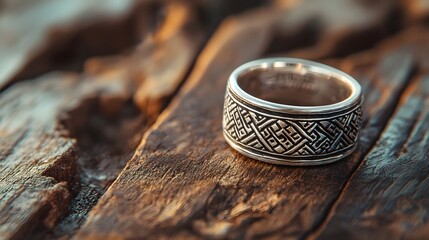 Poster - A close-up shot of a silver ring with intricate detailing resting on a rustic wooden surface. Luxury and expensive items. Ornate Silver Ring on Dark Wood Background