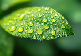 Poster - Close-up of a Fresh Green Leaf with Crystal Clear Water Droplets Glistening in Natural Light for Nature and Environmental Themes