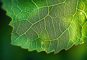 Poster - Close-Up of a Green Leaf Showing Intricate Veins and Details in Natural Light, Highlighting the Beauty of Leaf Structure and Nature's Patterns