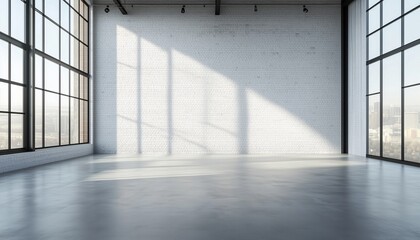 Poster - Modern Loft Living Room With High Ceilings, White Brick Wall, Polished Concrete Floor, And Black Steel Structure, Large Windows Overlooking Nature. Sunlight Illuminates The Space.