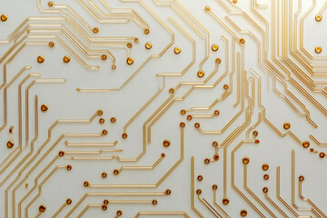 Poster - An elegant circuit board pattern with gold lines on a white background, symbolizing high-tech innovation, AI, and digital connectivity. A futuristic abstract design perfect for technology themes.