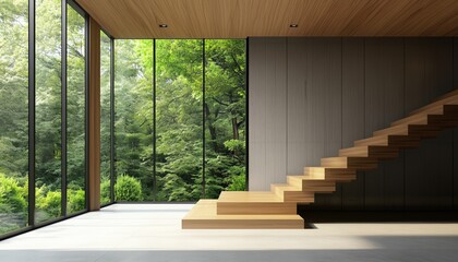 Poster - Stylish Contemporary Loft Room With Natural Scenery Render Featuring Wooden Staircase, Plank Wall, Ceiling, And Ample Concrete Wall For Customization