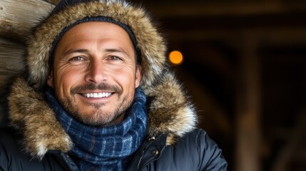 a man wearing a fur coat and a blue scarf. he is smiling