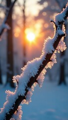 Wall Mural - Frozen tree with sun rays shining through branches, glow, branch