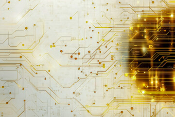 Poster - Futuristic abstract circuit board with gold lines on a white background, symbolizing AI, data networks, and high-tech innovation. A modern digital concept for cybersecurity, computing, and electronics