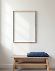 Poster - Small wooden square picture frame mockup with mount hanging on white wall with bench, vertical style. Blank frame with copy space, minimal style, light interior with pillow.