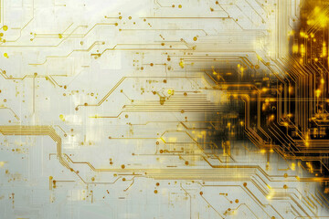 Poster - Futuristic abstract circuit board with gold lines on a white background, symbolizing AI, data networks, and high-tech innovation. A modern digital concept for cybersecurity, computing, and electronics
