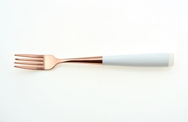 Aufkleber - Close-up of metal fork with white handle on light background. Silverware kitchenware for dining, eating. Cutlery with modern design. Restaurant, cafe utensil. Food service equipment, object.