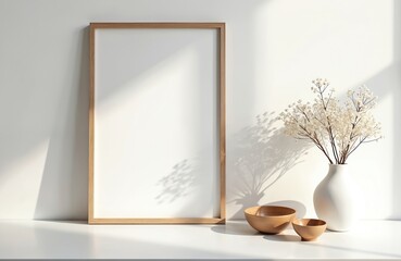 Leinwandbilder - Portrait wooden frame mockup for artwork presentation. White wall interior features furniture, dry gypsophila decorations. Empty blank photo template in scandinavian minimalist style. Perfect for