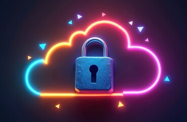 Fototapete - Data protection concept photo. Neon cloud shape with metal padlock. Digital safety, online privacy, cyber security, data encryption. Protect confidential information using modern tech. Futuristic