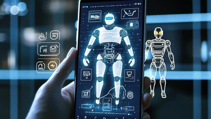 Poster - Hand Holding Smartphone Displaying Futuristic Robot Design with Augmented Reality Interface in Modern Technology Environment