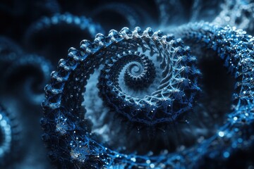 Poster - This photo captures a detailed view of an object in shades of blue and black showcasing its intricate design Digital binary image of a DNA helix structure .