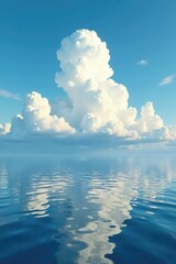 Wall Mural - Majestic white cloud soars above a serene lake, reflective surface, gentle ripples, vast water