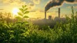 © Johannes - Carbon reduction with bright green plants in the foreground In the background there is an industrial chimney emitting carbon dioxide. It symbolizes the balance between industry and environmental sust