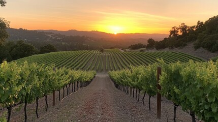 Poster - Sunset over lush vineyard rows with warm orange sky creating a serene landscape in the countryside