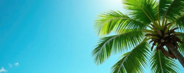 Wall Mural - Soft green leaves rustle gently on coconut tree branches, calmness, blue sky, nature