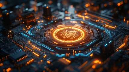 Poster - Glowing CPU on circuit board with data processing