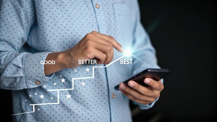 Poster - Navigating the Path to Excellence: A person utilizes their mobile phone to interact with a rising graph illustrating improvement.