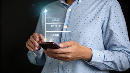 Poster - Assessing Performance: A person interacts with a smartphone, overlaid with a digital performance graph, suggesting analysis and progress tracking in a modern, high-tech context.