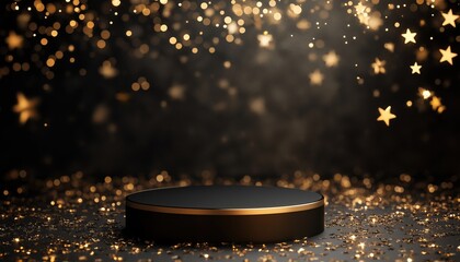 Poster - Luxurious Award Ceremony Decor: Black Empty Podium With Dark Gold Stars, Light Ray Effects, And Bokeh Elements.
