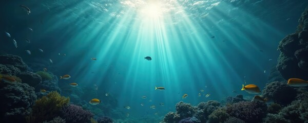 Aufkleber - Sunlight pierces marine depths with tropical fish in turquoise water. Underwater wildlife, coral reefs, sea plants. Sun beams illuminate ocean floor. Perfect for diving, snorkeling vacation, sea life