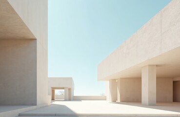 Poster - Exterior of minimalistic architecture featuring white concrete geometric shapes. Modern building design with clean lines under blue sky. Contemporary architectural style for real estate construction