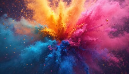 Aufkleber - Vivid explosion of multicolored powder, noisy dust. Bright pigments shimmer. Holiday Holi concept. Hand drawn design background. Festive cheerful vibrant background for web, social media, print