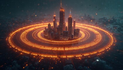 Fototapete - Visualization of modern city connected with radio signal on dark background. Futuristic skyline surrounded by circular data streams glowing with vibrant orange lights. Perfect for illustrating tech,