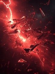 Poster - Dramatic red and black abstract background with stormy sky and lightning bolts amidst shattered glass fragments