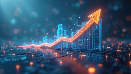 Poster - Orange arrow indicates the growth and success in business and finance. The glowing arrow on the rising graph symbolizes profit increase on stock market.