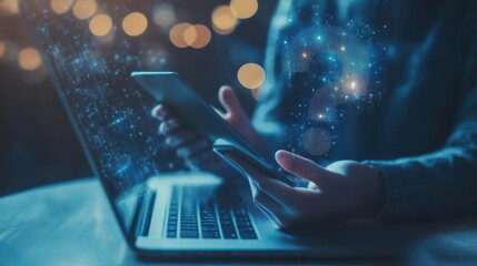 Poster - Close up of hands using smartphone and laptop at desktop with blurry abstract question mark interface. Problem solving and faq concept. Double exposure