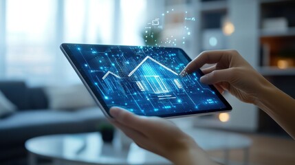 Poster - close up of hand holding tablet with abstract digital smart home hologram on blurry living room inte