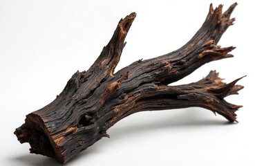 Poster - Piece of burnt driftwood isolated on transparent background. Weathered timber with natural rustic texture. Dark brown hand-made tree branch with unique vintage shape. Ideal raw material for creative