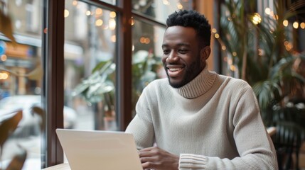 Poster - Freelancer working remotely in a cozy cafe while enjoying a casual atmosphere and connecting with others