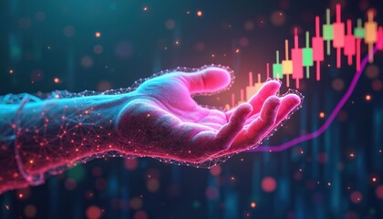 Aufkleber - Abstract human hand grasping color candlestick on safeguarded tech graph background presented in low poly wireframe. Investment, stock market concept. Business management, financial strategy,