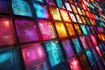 Poster - Vivid stained glass pieces glow with electric hues, creating a dynamic atmosphere in a futuristic setting