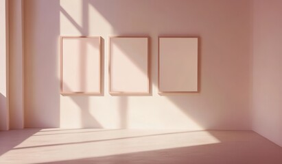 Aufkleber - Three blank frames on a pink wall, sunlight streaming through window.