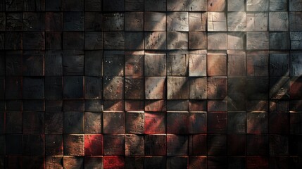 Poster - Textured red brick wall showcases deep shadows and color variations with soft lighting enhancing its rustic details