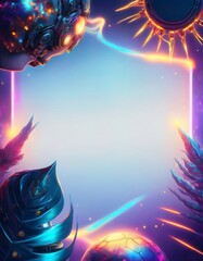 Aufkleber - Futuristic poster with cyborg, sun, planets, and metallic leaves framing blank space
