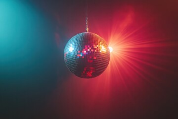 Poster - A vibrant, colorful disco ball reflecting multicolored light beams in a dark room with a party atmosphere