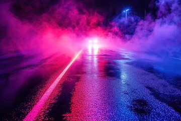 Poster - an abstract composition of wet asphalt, vibrant neon reflections, a searchlight beam, and atmospheri